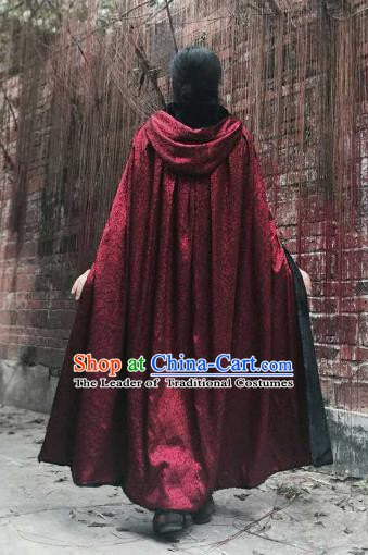 Chinese Ancient Swordsman Costume Knight Wine Red Long Cloak for Men