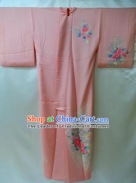 Traditional Japan Palace Costume Pink Dress Furisode Kimono Japanese Yukata for Women