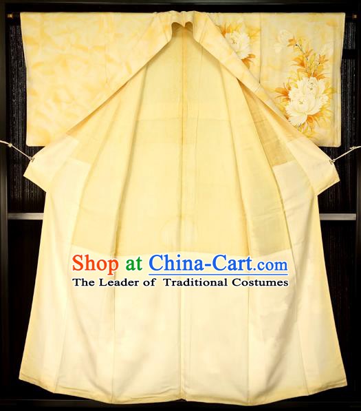 Traditional Japan Palace Printing Flowers Furisode Kimono Costume Japanese Yellow Yukata Dress for Women