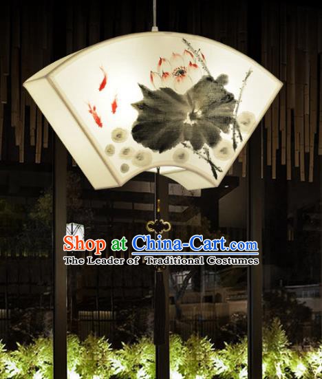 Traditional Chinese Ancient Palace Lantern Ceiling Lamp Ink Painting Lotus Lanern
