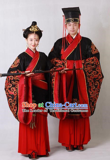 Ancient Chinese Zhou Dynasty Imperial Emperor and Empress Embroidered Wedding Costumes Complete Set