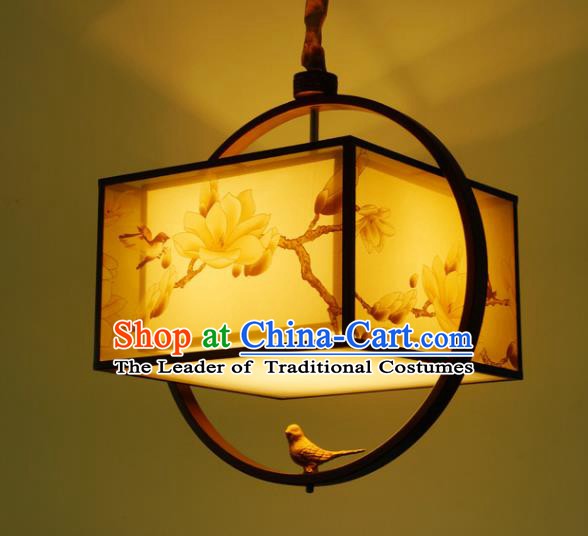 Traditional China Handmade Lantern Ancient Printing Birds Magnolia Hanging Lanterns Palace Ceiling Lamp