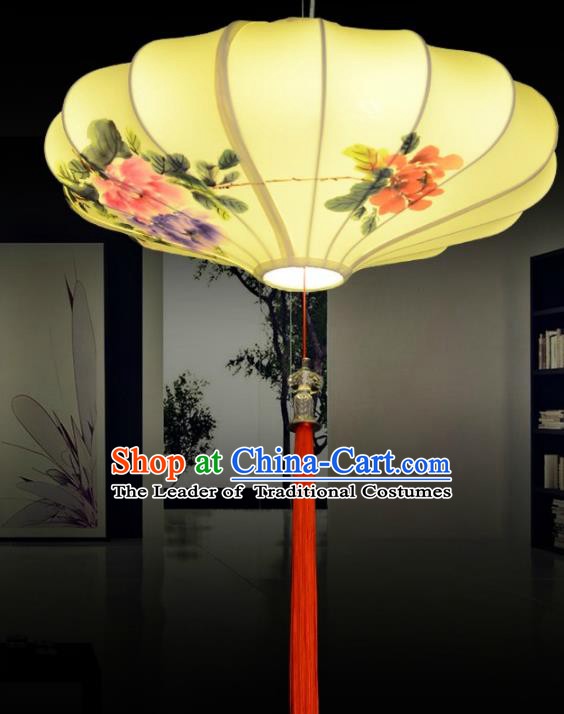 Traditional China Handmade Yellow Lantern Ancient Ink Painting Peony Hanging Lanterns Palace Ceiling Lamp