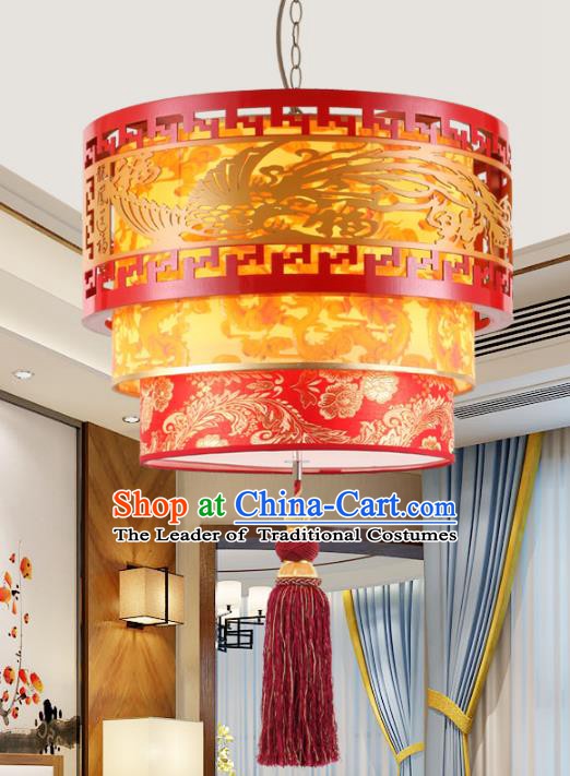 Chinese Handmade Wood Carving Phoenix Lantern Traditional Palace Red Ceiling Lamp Ancient Hanging Lanterns