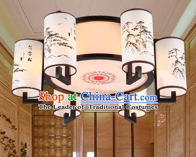 Chinese Handmade Printing Pineburst Lantern Traditional Palace Six-Lights Ceiling Lamp Ancient Hanging Lanterns