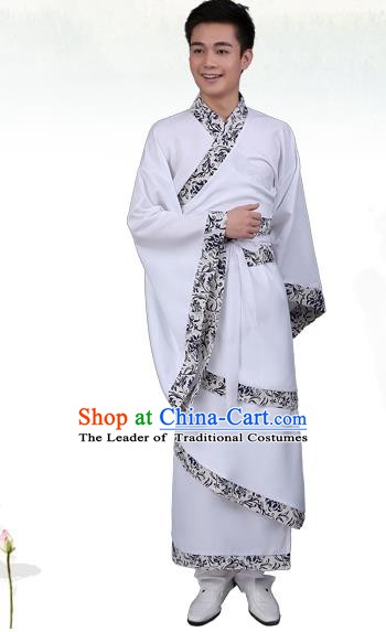 China Ancient Han Dynasty Scholar Costume White Curving-front Robe for Men