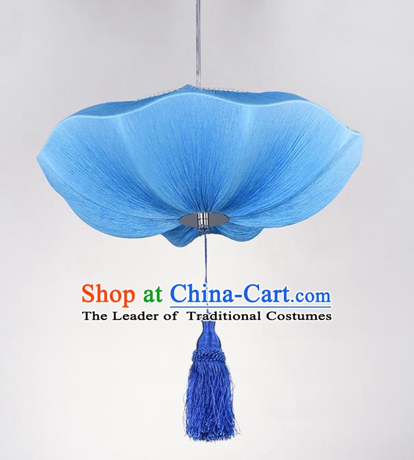Chinese Classical Handmade Palace Lanterns Traditional Blue Lotus Hanging Lantern Ancient Ceiling Lamp