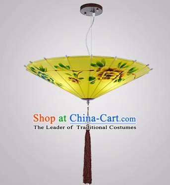 Chinese Classical Handmade Printing Umbrella Palace Lanterns Traditional Yellow Hanging Lantern Ancient Ceiling Lamp