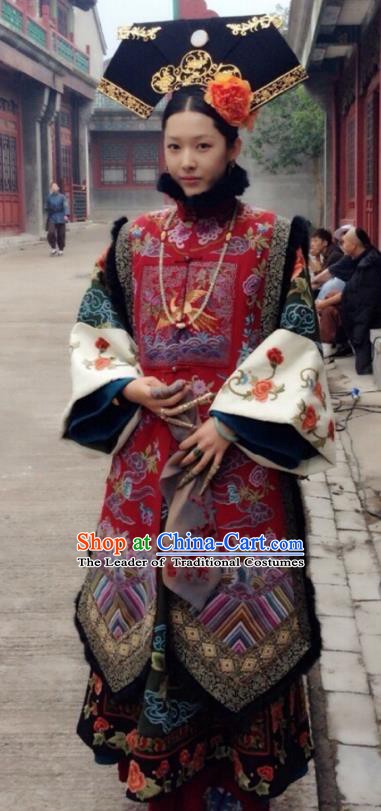 Ancient Chinese Qing Dynasty Manchu Guangxu Emperor Imperial Concubine Embroidered Historical Dress Costume for Women