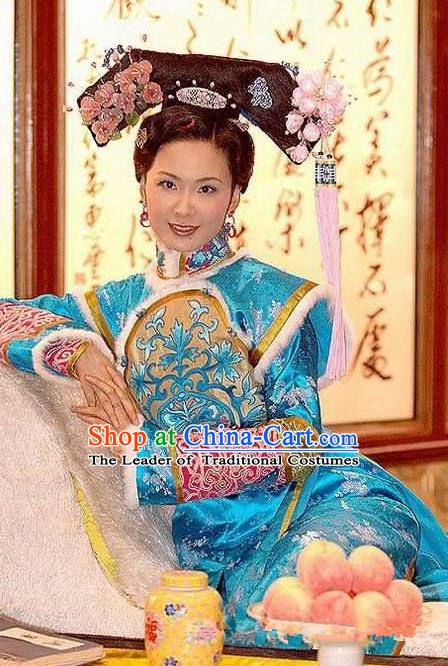 Chinese Ancient Qing Dynasty Nurhachi Imperial Concubine Embroidered Manchu Dress Historical Costume for Women
