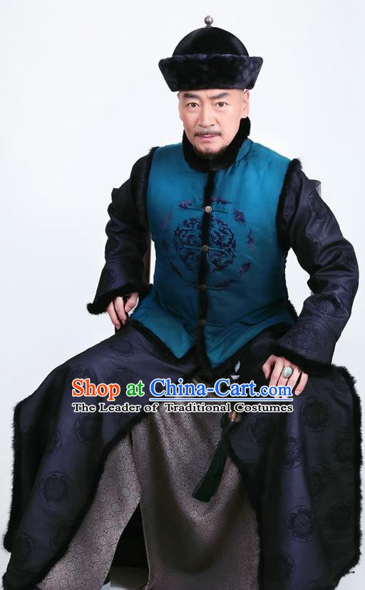 Chinese Qing Dynasty Duke Historical Costume Ancient Manchu Royal Highness Clothing for Men