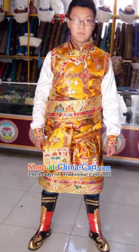 Traditional Chinese Zang Nationality Costume, Tibetan Ethnic Minority Yellow Tibetan Robe for Men