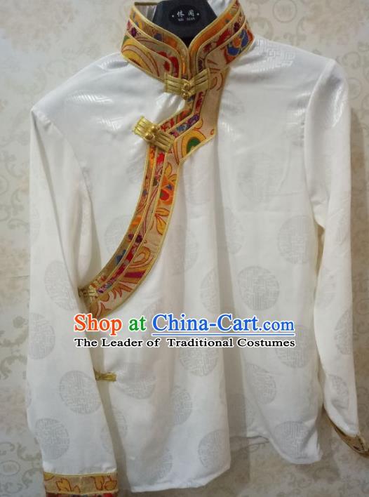 Traditional Chinese Zang Nationality Costume White Shirt, Tibetan Ethnic Minority Coat for Men