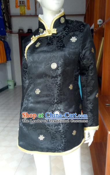 Chinese Tibetan Nationality Costume Black Cotton-padded Jacket, Traditional Zang Ethnic Minority Coat for Women