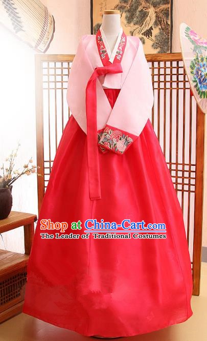 Korean Traditional Bride Palace Hanbok Clothing Pink Blouse and Red Dress Korean Fashion Apparel Costumes for Women
