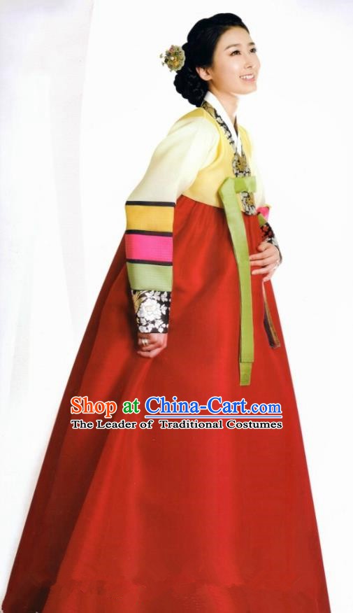 Korean Traditional Bride Palace Hanbok Clothing Korean Fashion Apparel Yellow Blouse and Red Dress for Women