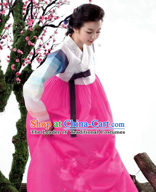 Korean Traditional Bride Palace Hanbok Clothing Korean Fashion Apparel White Blouse and Rosy Dress for Women