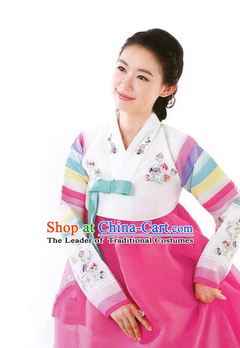Korean Traditional Palace Clothing Hanbok White Blouse and Pink Dress Korea Fashion Apparel for Women