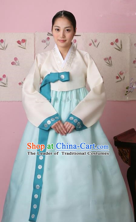 Korean Traditional Palace Clothing Hanbok Fashion Apparel White Blouse and Blue Dress for Women