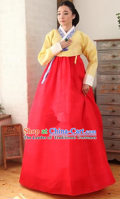 Korean Traditional Palace Garment Hanbok Fashion Apparel Costume Yellow Blouse and Red Dress for Women
