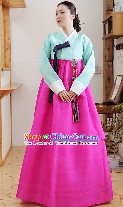 Korean Traditional Palace Garment Hanbok Fashion Apparel Costume Green Blouse and Rosy Dress for Women