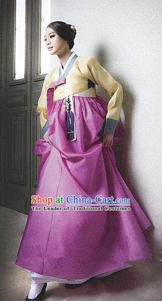 Korean Traditional Palace Garment Hanbok Fashion Apparel Costume Bride Yellow Blouse and Purple Dress for Women