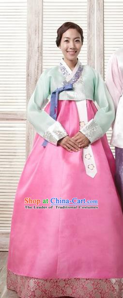 Korean Traditional Garment Palace Hanbok Fashion Apparel Costumes Bride Light Green Blouse and Dress for Women