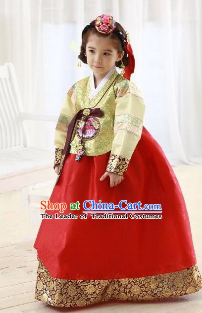 Korean Traditional Hanbok Korea Children Yellow Blouse and Red Dress Fashion Apparel Hanbok Costumes for Kids