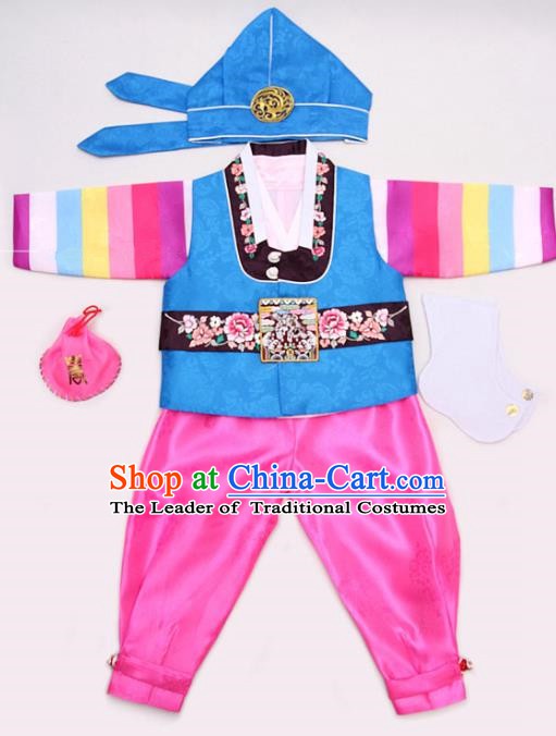 Korean Traditional Hanbok Clothing Korean Boys Hanbok Costumes Blue Shirt and Pink Pants for Kids