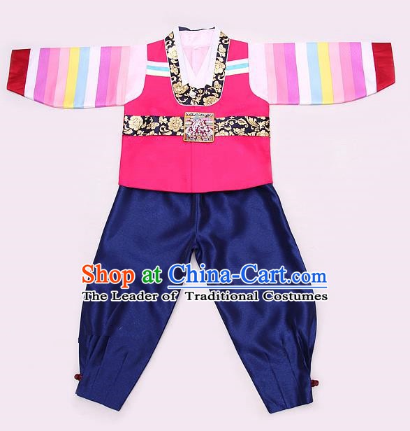 Korean Traditional Hanbok Clothing Korean Boys Hanbok Costumes Pink Shirt and Navy Pants for Kids