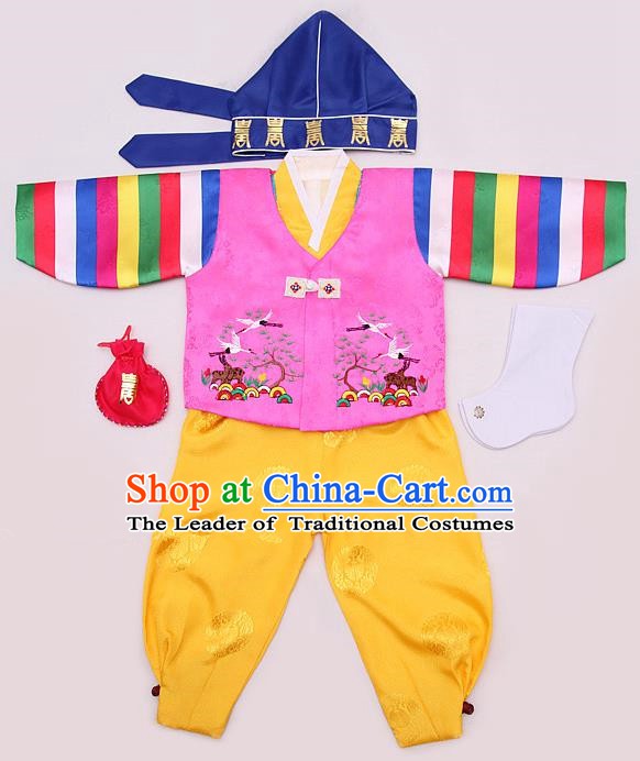Korean Traditional Hanbok Clothing Korean Boys Hanbok Costumes Pink Shirt and Yellow Pants for Kids