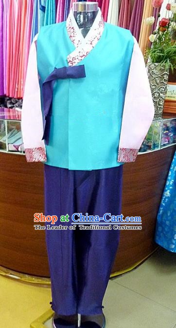 Asian Korean Traditional Hanbok Clothing Ancient Korean Blue Shirt and Royalblue Pants Costume for Men