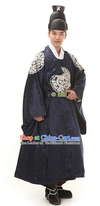 Asian Korean Traditional Hanbok Clothing Ancient Korean Emperor Costume Navy Robe for Men