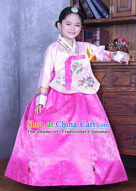 Korean Traditional Hanbok Korea Children Embroidered Pink Blouse and Dress Fashion Apparel Hanbok Costumes for Kids