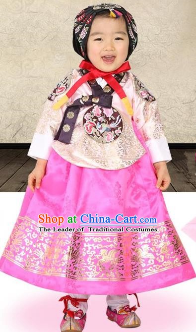 Korean Traditional Hanbok Korea Children Embroidered Beige Blouse and Dress Fashion Apparel Hanbok Costumes for Kids