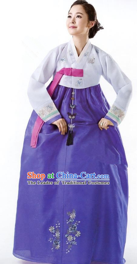 Korean Traditional Garment Palace Hanbok Blouse and Royalblue Dress Fashion Apparel Bride Costumes for Women