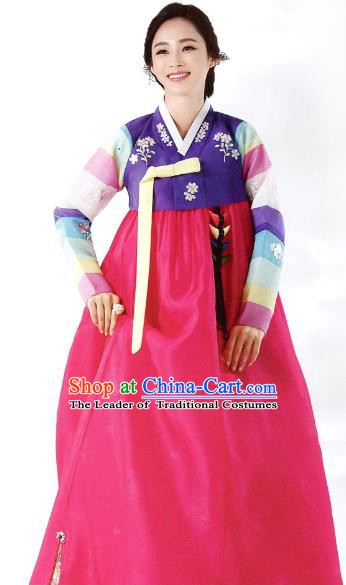 Korean Traditional Garment Palace Hanbok Purple Blouse and Rosy Dress Fashion Apparel Bride Costumes for Women