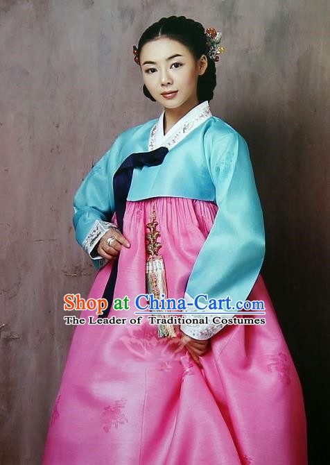 Korean Traditional Garment Palace Hanbok Blue Blouse and Pink Dress Fashion Apparel Bride Costumes for Women