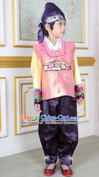 Korean Traditional Hanbok Clothing Korean Boys Hanbok Costumes Pink Shirt and Purple Pants for Kids