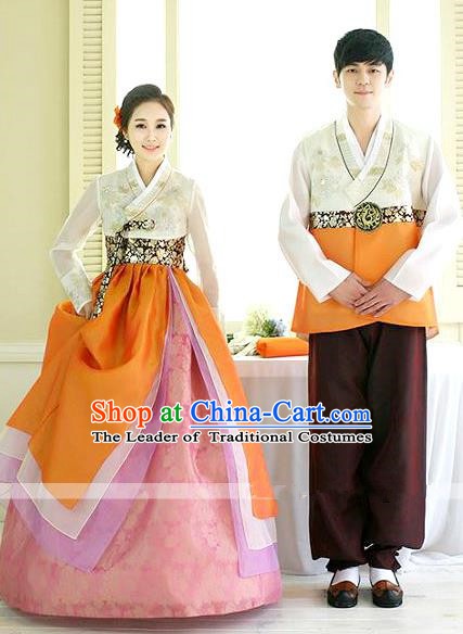 Asian Korean Traditional Palace Orange Hanbok Clothing Ancient Korean Bride and Bridegroom Costumes Complete Set