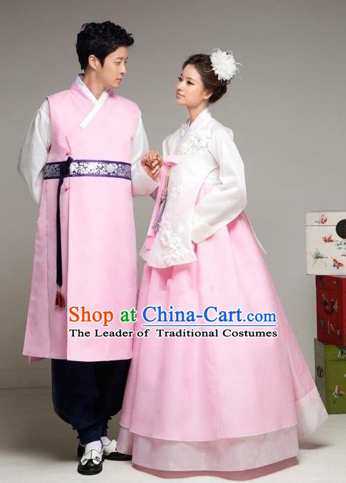 Asian Korean Traditional Palace Pink Hanbok Clothing Ancient Korean Bride and Bridegroom Costumes Complete Set