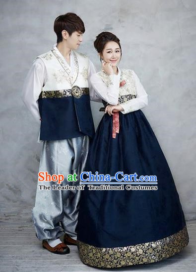 Asian Korean Traditional Palace Navy Hanbok Clothing Ancient Korean Bride and Bridegroom Costumes Complete Set