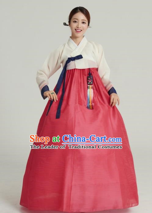 Korean Traditional Handmade Palace Hanbok White Blouse and Red Dress Fashion Apparel Bride Costumes for Women