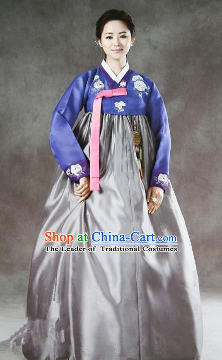 Korean Traditional Handmade Palace Hanbok Blue Blouse and Grey Dress Fashion Apparel Bride Costumes for Women