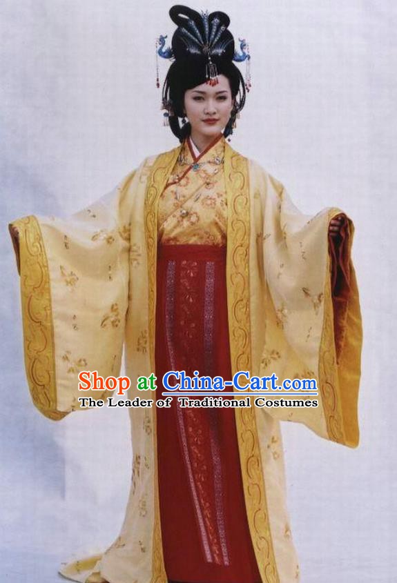 Chinese Ancient Queen Costume Ming Dynasty Empress Zhang Embroidered Yellow Dress for Women
