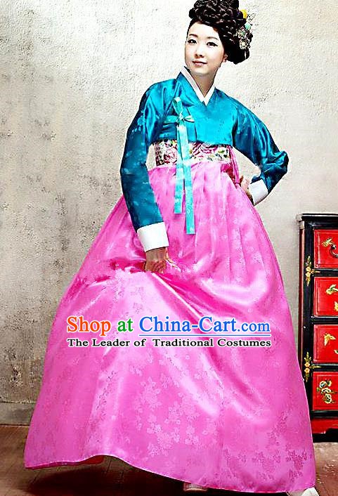 Top Grade Korean Traditional Palace Hanbok Blue Blouse and Pink Dress Fashion Apparel Bride Costumes for Women