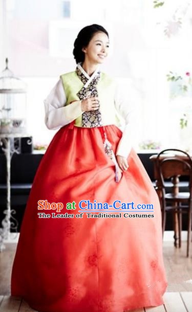 Top Grade Korean Traditional Palace Hanbok Green Blouse and Red Dress Fashion Apparel Bride Costumes for Women