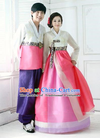 Asian Korean Traditional Palace Wedding Hanbok Clothing Ancient Korean Bride and Bridegroom Costumes Complete Set