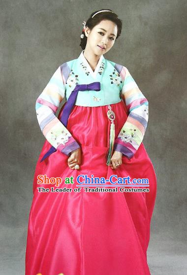 Top Grade Korean Bride Traditional Palace Hanbok Blue Blouse and Rosy Dress Fashion Apparel Costumes for Women
