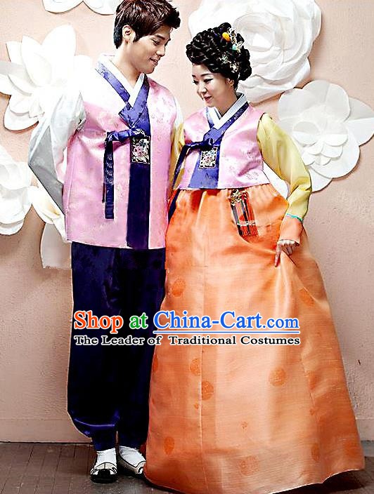 Asian Korean Palace Wedding Hanbok Clothing Ancient Traditional Bride and Bridegroom Costumes Complete Set